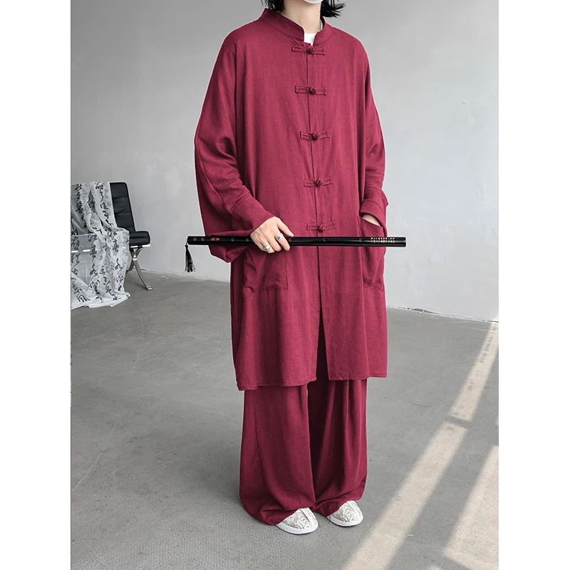 M-5XL Plus Size Men Women Tai Chi Uniform Stand Collar Kung Fu Suit Long Sleeve Outfits 2-piece Tunic Shirt with Linen Pants Men