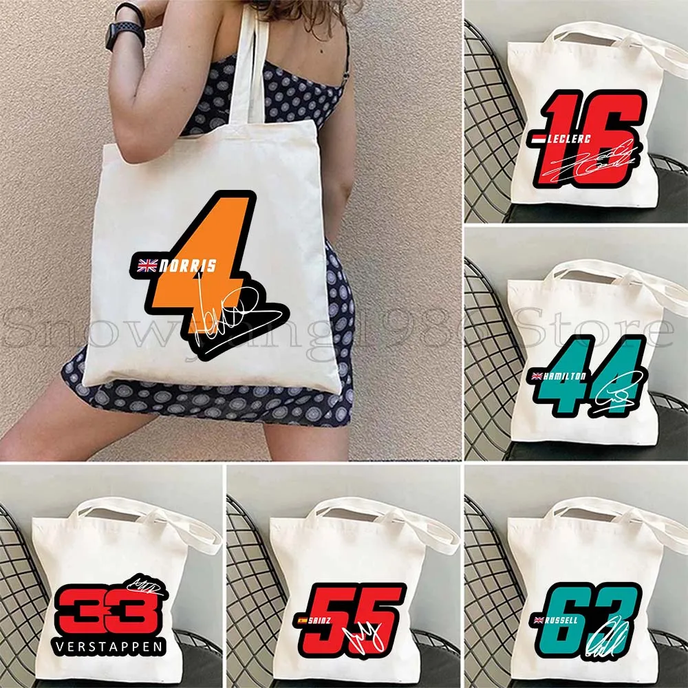 

F1 Formula One Car Racing Signature Number 14 16 23 63 Lando Norris 4 Lewis Hamilton 44 Print Fan Gifts Canvas Tote Bag Handbag