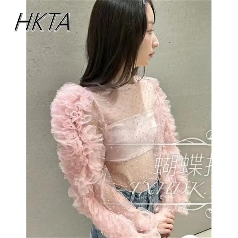 Kaus Pullover Jaring Polka Dot Tiga Dimensi Berlipat Tulle Manis Jepang Atasan Wanita Musim Panas Kemeja Lengan Panjang Leher Kru Baru