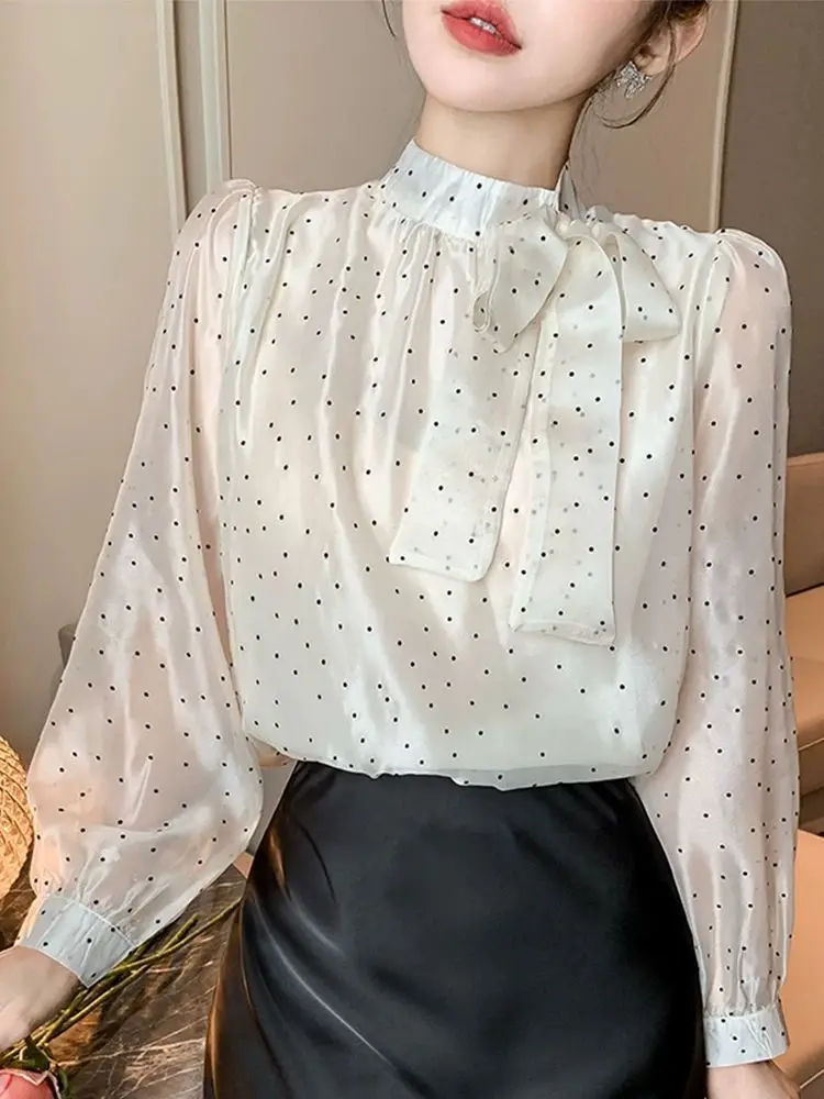 Polka Dot Long Sleeved Chiffon Shirt for Women\'s Clothing New Western-style and Age Reducing Bow Bow Ribbon Style Top