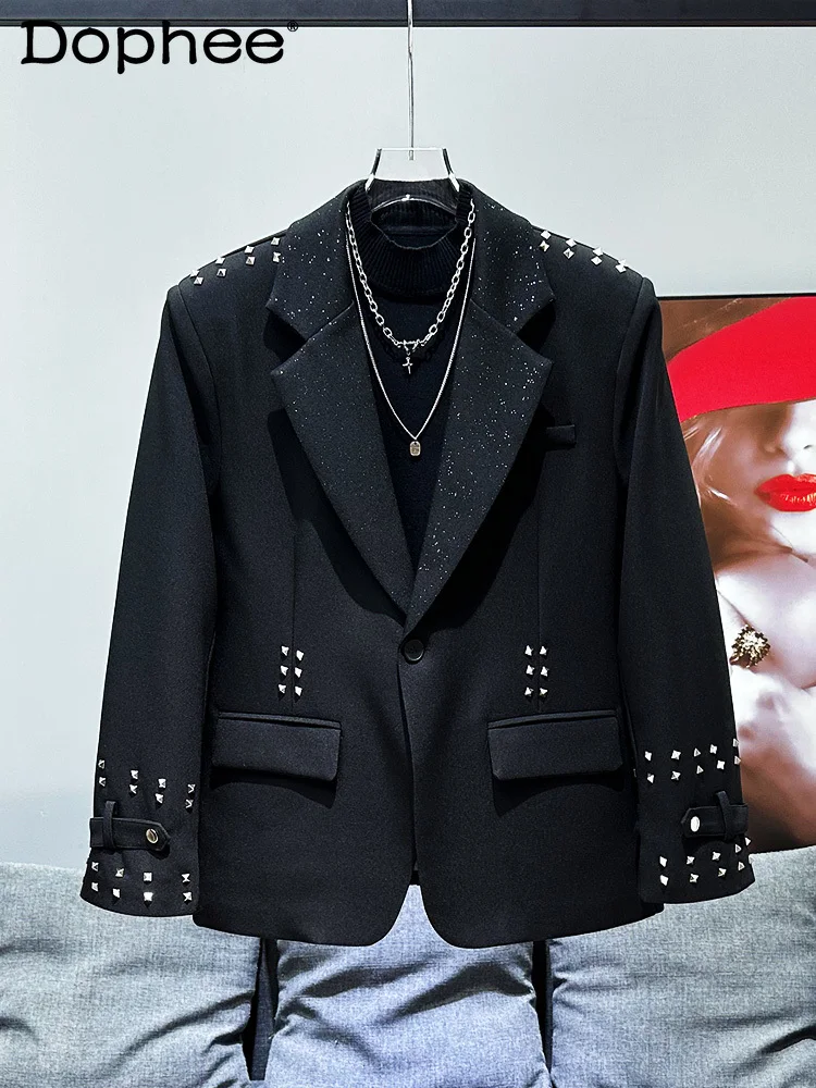 

Male Black Rivet Blazers Men's 2024 Autumn New High-end Original Design Trendy Suit Jacket Handsome Shoulder Padded Suit Jackets