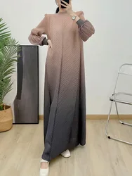 ANLAN Miyake Gradient Pleated Long Dress Fashion Lantern Sleeves Loose Elegant Party Dresses for Women 2024 Spring New 6YA7293