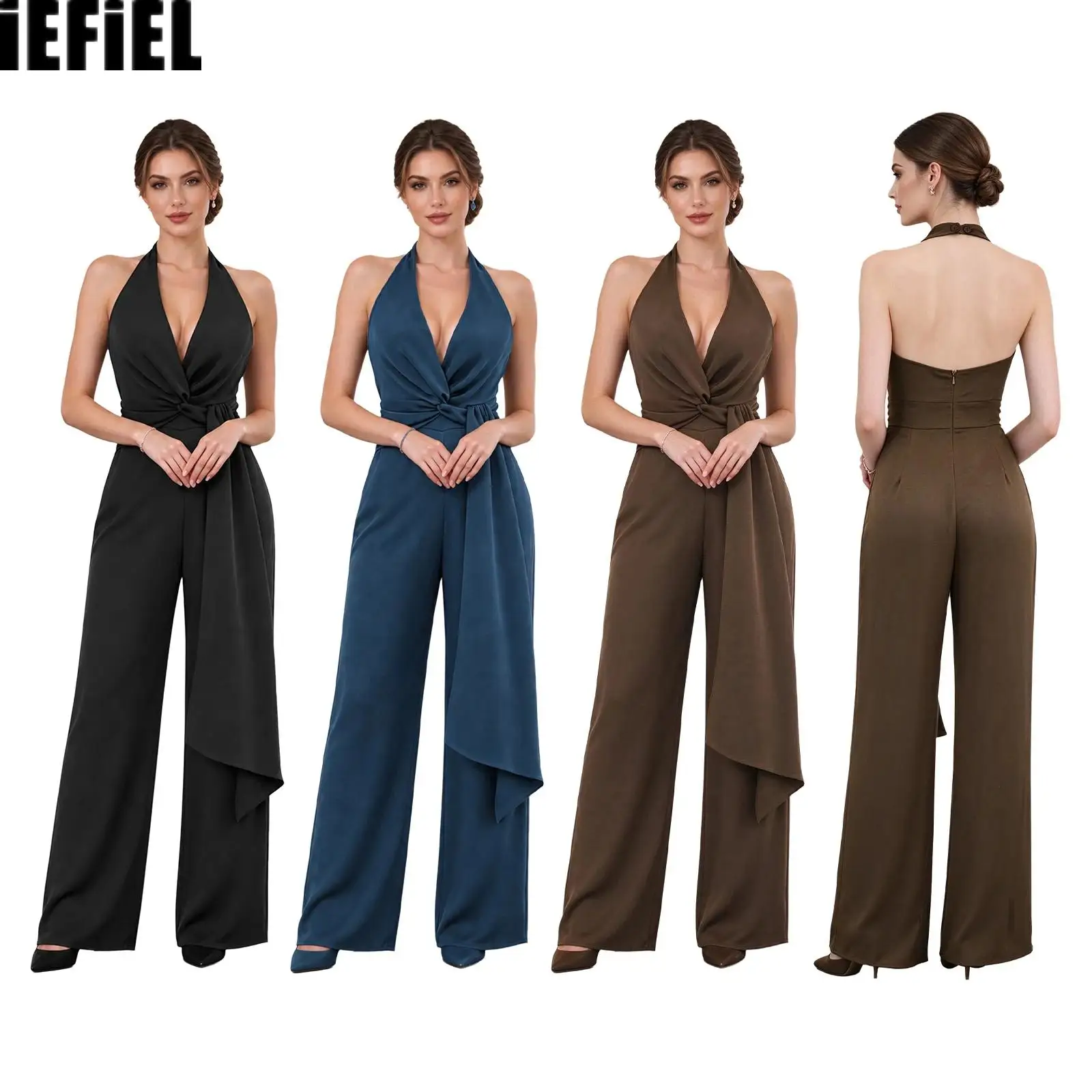 Women Halter Satin Jumpsuit V-neck Backless Back Invisible Zipper Knot Front Side Drape Bodysuit for Party Birthday
