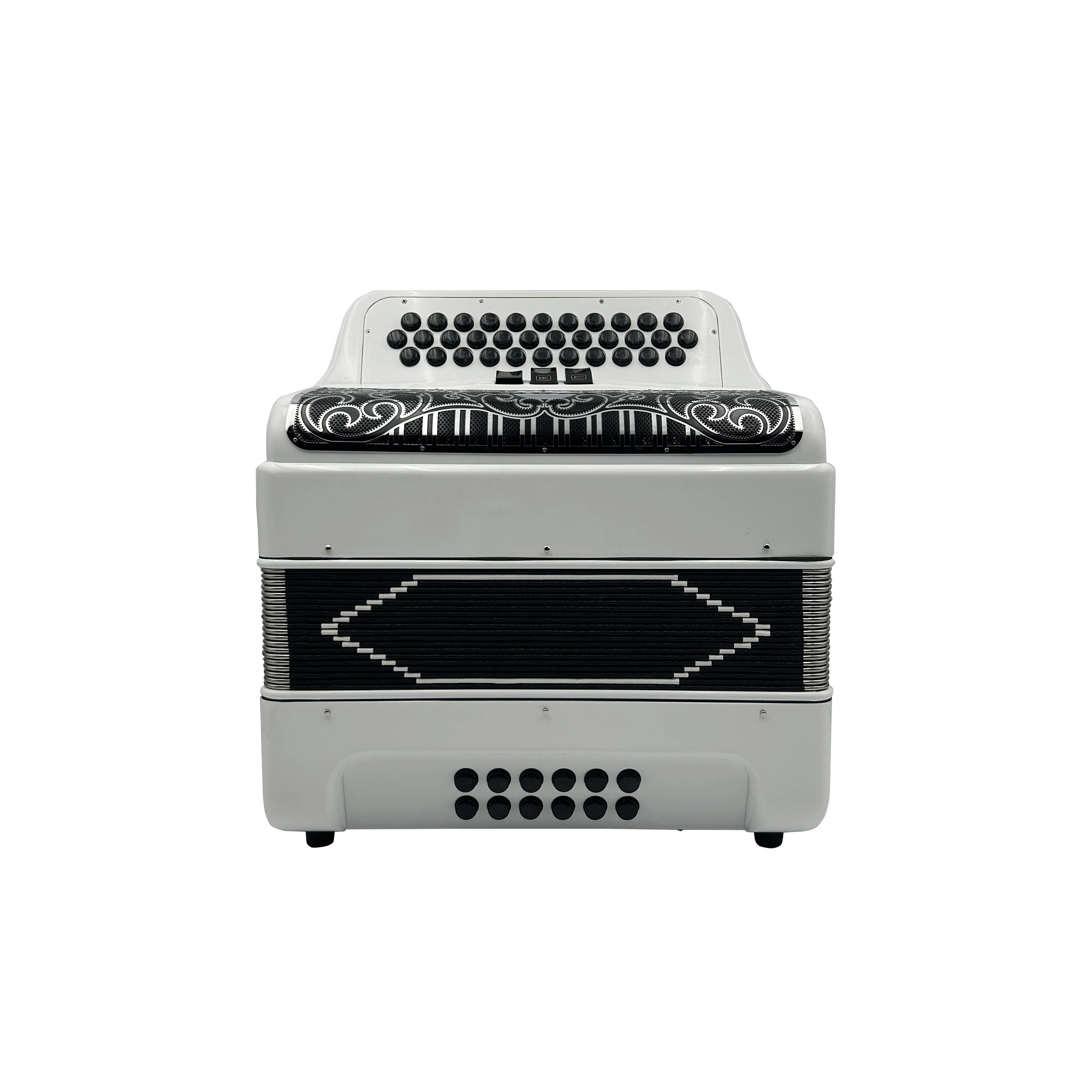 Diatonic Accordion 34-Button 12-Bass 3-Register Bright White JB3412C Wood Black Silver Grill Black Buttons Musical