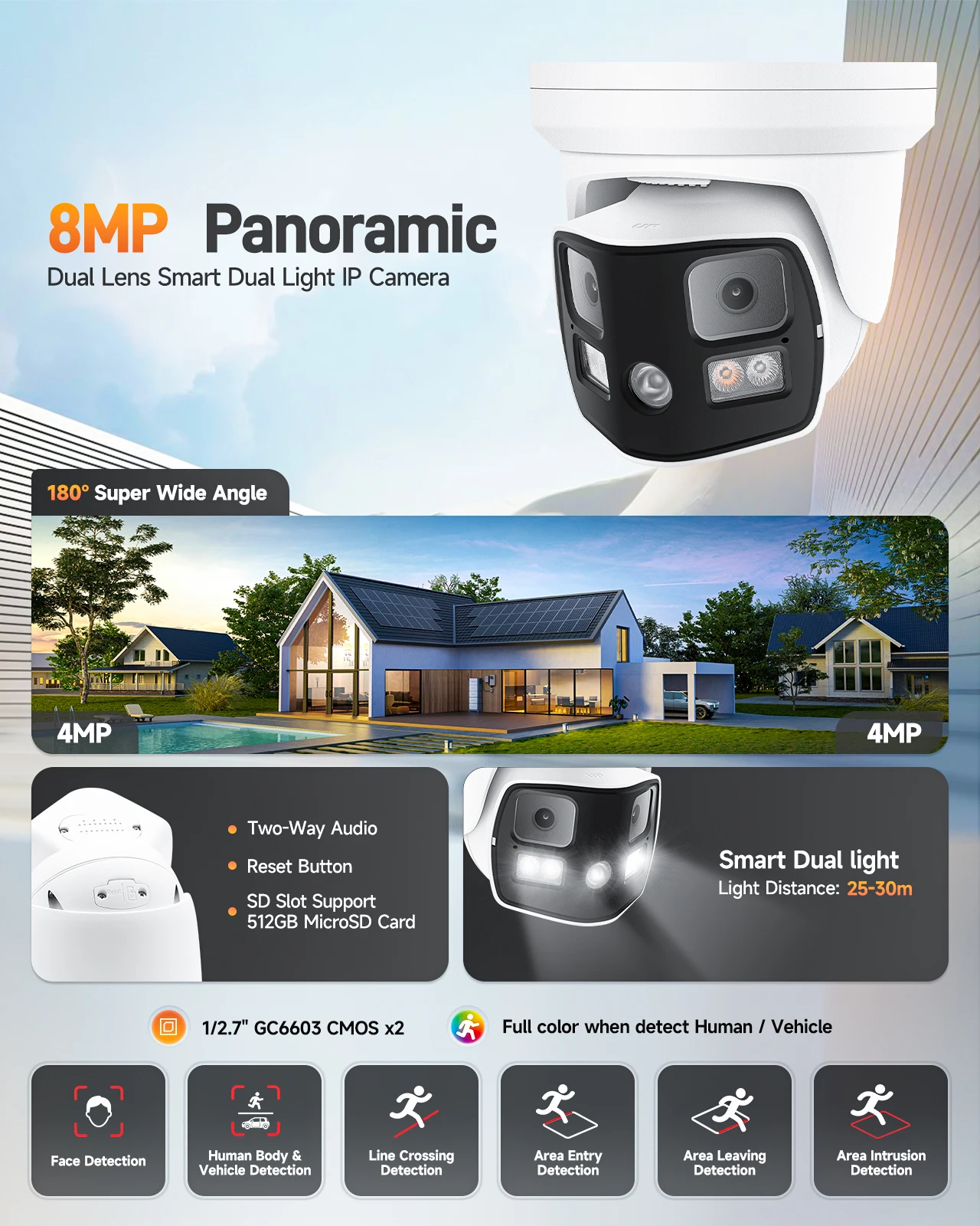 Smart Color Night Vision 8MP 4K 180° Panoramic View Wide Turret Outdoor Security PoE IP Camera 2-Way Audio Siren&Spotlight NDAA