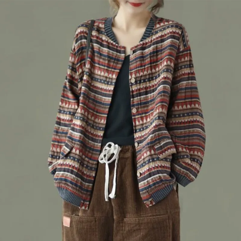 

Fashionable Autumn New Loose Literary and Versatile Casual Printed Cardigan Korean Style Cotton and Linen Short Jacket