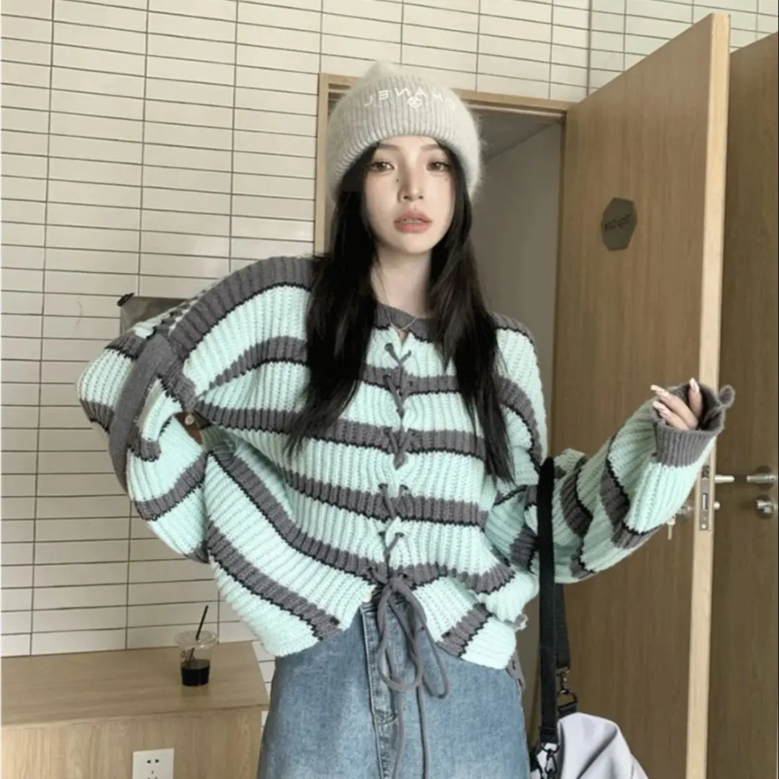 Knitting Striped Lace-Up Winter Women Pullovers Spell Color Casual Loose Slim Fashion Office Ladies O-Neck Bandage Chic Pullover