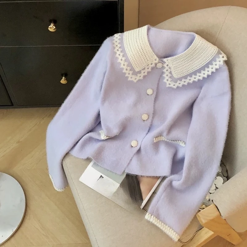 

Soft and Lazy Sweater for Spring New Single Buttoned Doll Collar Long Sleeve Plush Blue Knitted Sweater in Spring 2025