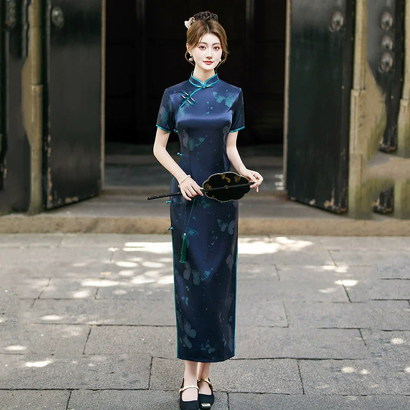 

Spring/Summer New Blue Retro Long Cheongsam Art Improvement New Chinese Elegant Women's Slimming Chinese Style Qipao