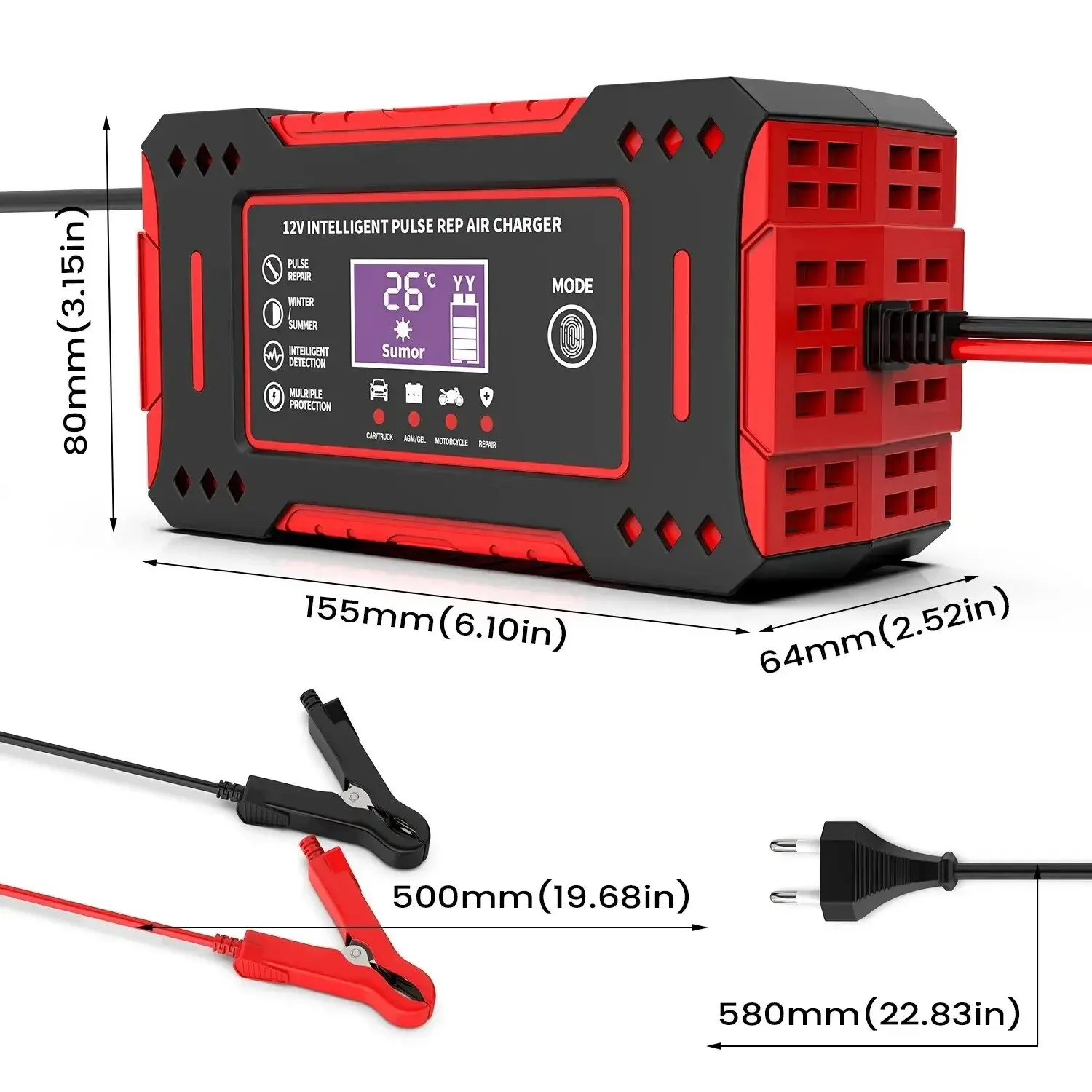 Car Battery Charger 12V 24V Pulse Repair LCD Display Smart Fast Charge AGM Deep Cycle GEL Lead-Acid Charger For Auto Motorcycle