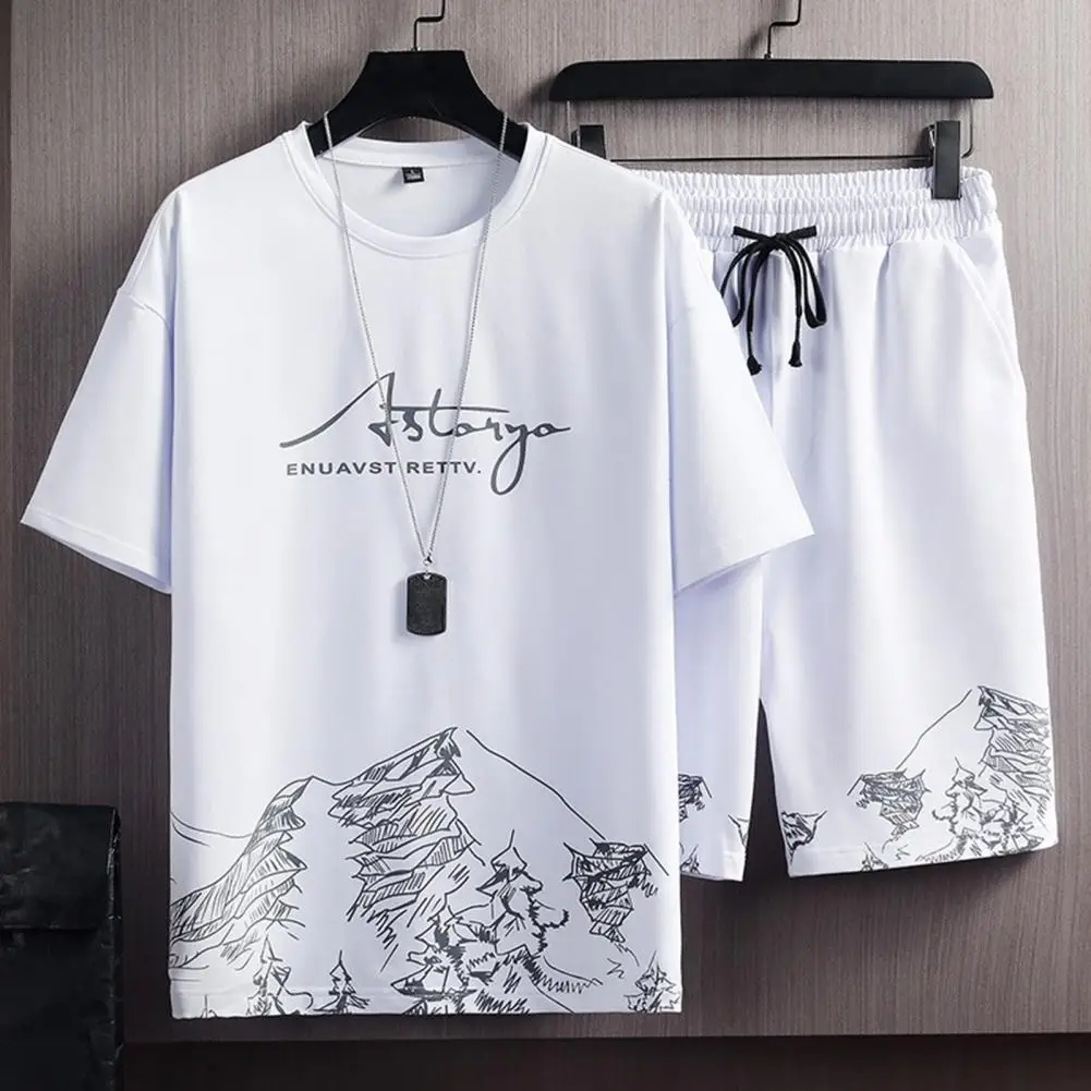 2Pcs/Set T-shirt Shorts Set Trendy Men Loose T-shirt Shorts Fitness Set Mid-rise Summer Tracksuit Daily Garment