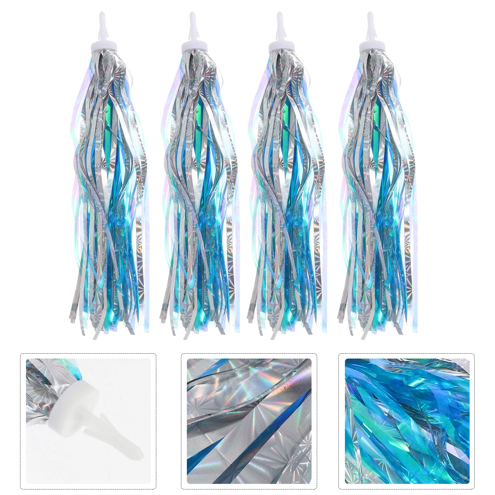 4Pcs Tassel Ribbon Bicycle Tricycle 2wheeler Decoration Shiny Fringe Spring Clips Easy Install Handlebar Clamp Green Silver