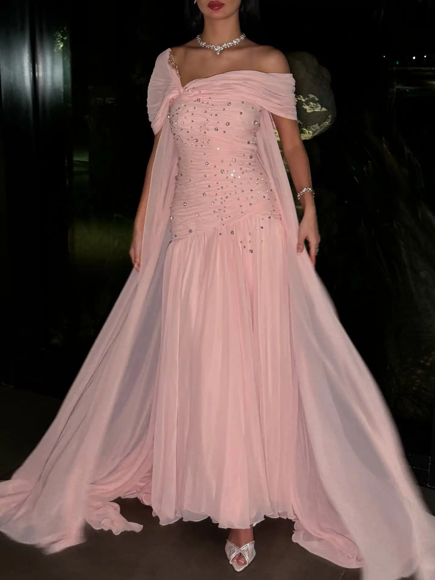 فستان حفلات وردي أنيق مخصص للنساء مطرز خارج الكتف للحفلات المسائية بطول الأرض فساتين مناسبة خاصة #3