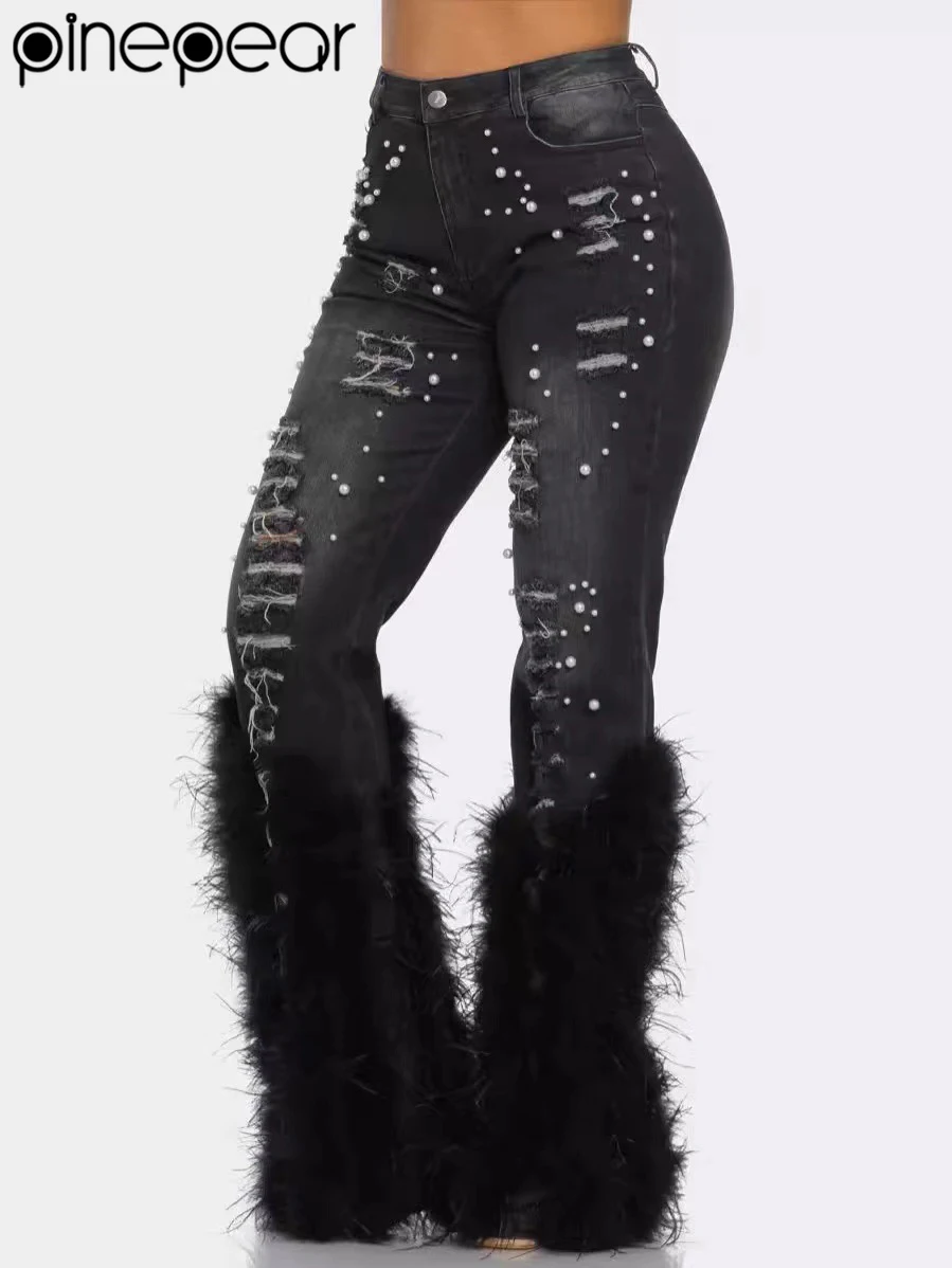 

PinePear Women's Jeans Tassel Hole Vitnage Feather High Waist Y2K Streetwear 2025 Fashion Denim Pants Skinny Hollow Out Trousers