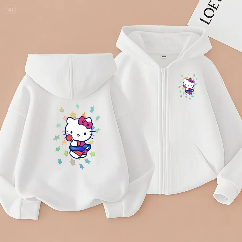 

Children's Sports Jackets, Cute Animated Kitten Printed Zipper Jackets and Sweatshirts. Girls Like Purple, Pink,white and Yellow