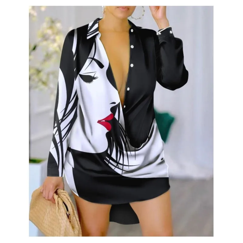 Spring Autumn Face Chain Letter Print Long Sleeve Shirt Mini Dress Robe Womens V Neck Buttons Front Casual Short Dresses Female