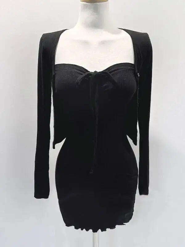 WOMENGAGA Korea Stijl 2023 Herfst/Winter Trekkoord Off Schouder Tank Mini Jurk + Lange Mouw Dunne Tweedelige t-shirt Vrouwen O194