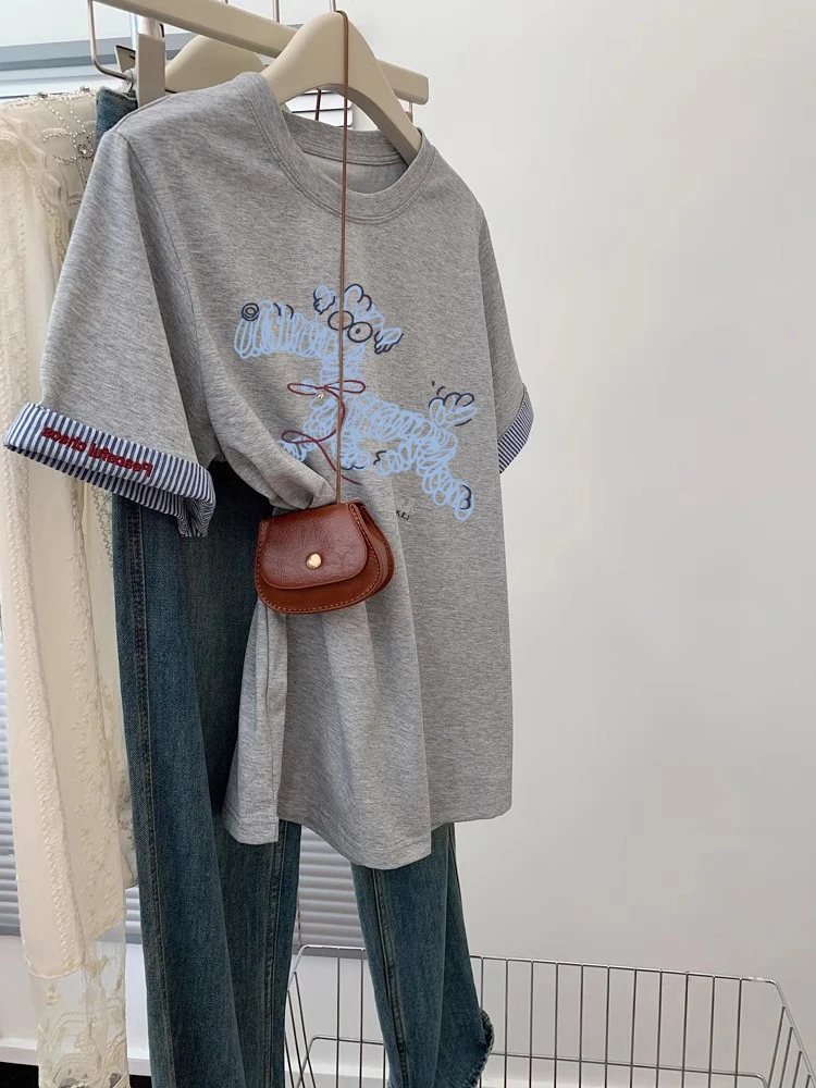 

Summer Casual Loose Fit ort Sve T-irt round Ne Cartoon Dog Print Splicing Women's Sle Korean Sle Slimming Top