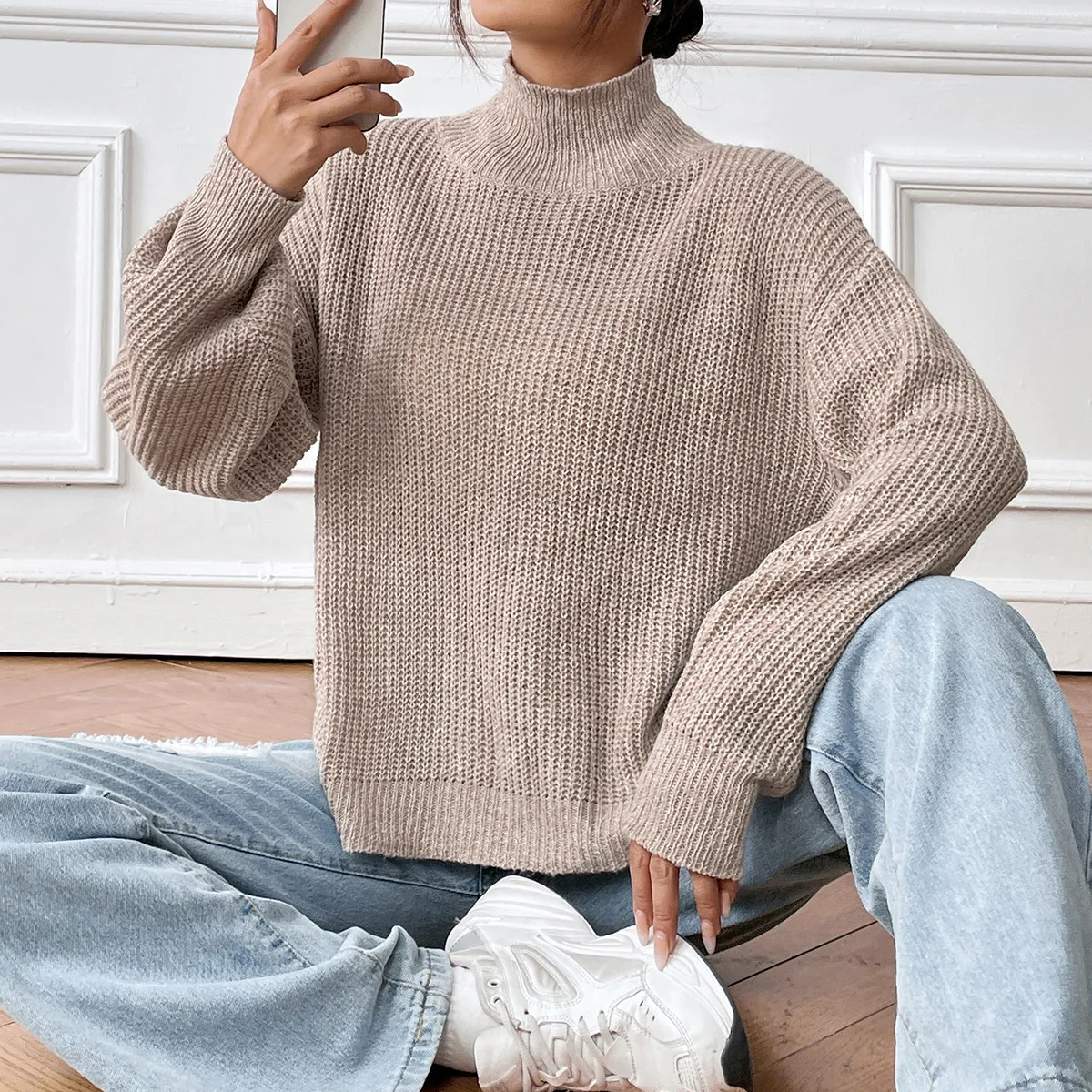 

Casual Loose Knit Sweater Pullover Autumn/Winter Women' Pullovers New Half High Neck Solid Full Lantern Sleeve Bottoming Sweater