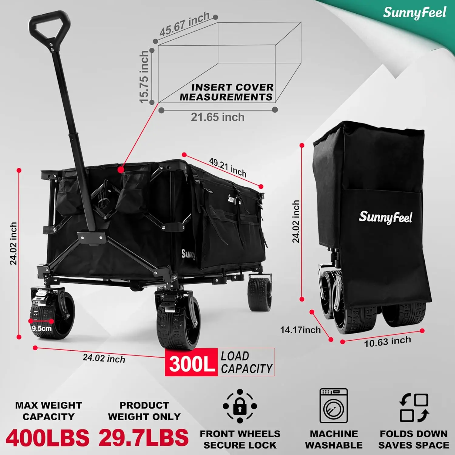 عربة عربة قابلة للطي شديدة التحمل مقاس 49 بوصة مع عجلات وفرامل وجيب جانبي للتخييم والرياضة والحديقة والتسوق (أسود) #2