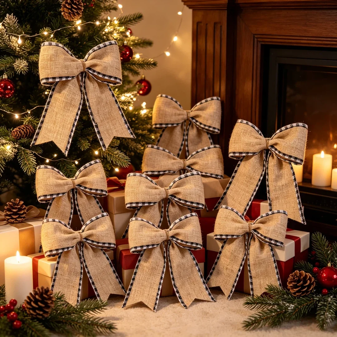 Christmas Burlap Bow Ornament, Buffalo Plaid Edge Fabric Bow, Xmas Tree Wreath Gift Decoration Bow for Holiday Home Party Decor
