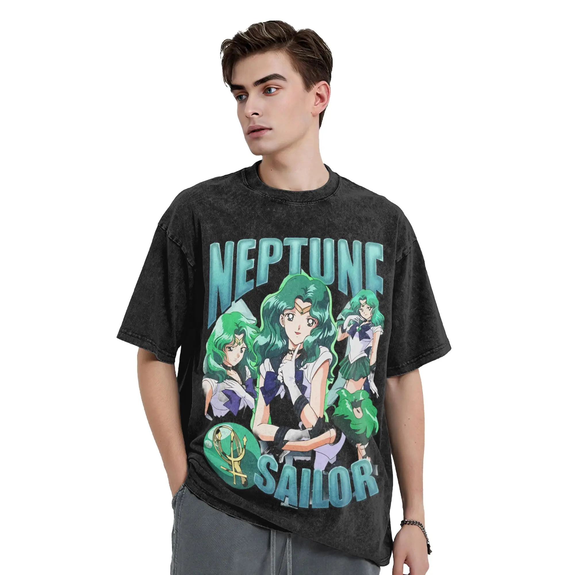 Sailor Moon  Neptune Washed T Shirts Streetwear Hip Hop Vintage T-Shirts Tees Men Women Short Sleeve Harajuku Summer