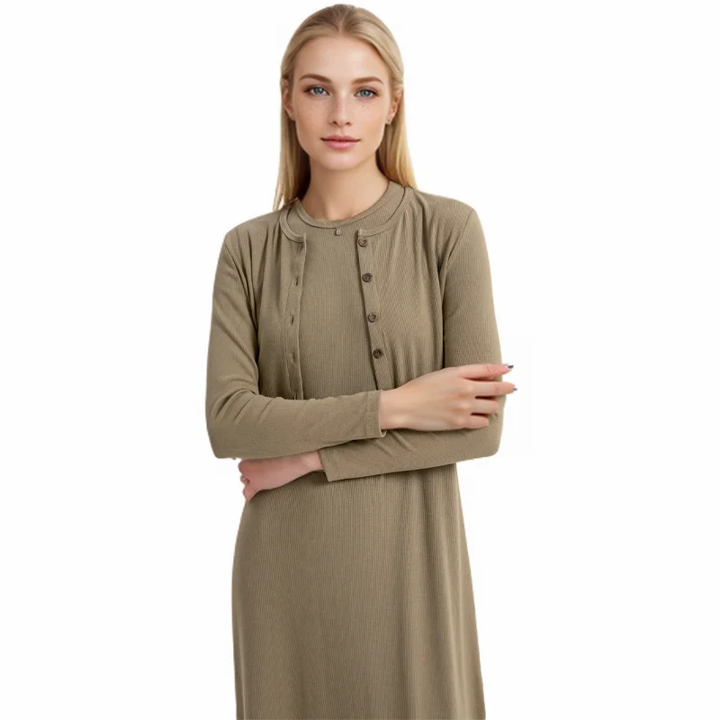 2024 Autumn Elegant Women Cardigan Suit Dress Single-breasted Solid Color Top And Sleeveless Tank Top Maxi Dress Set Street Wear