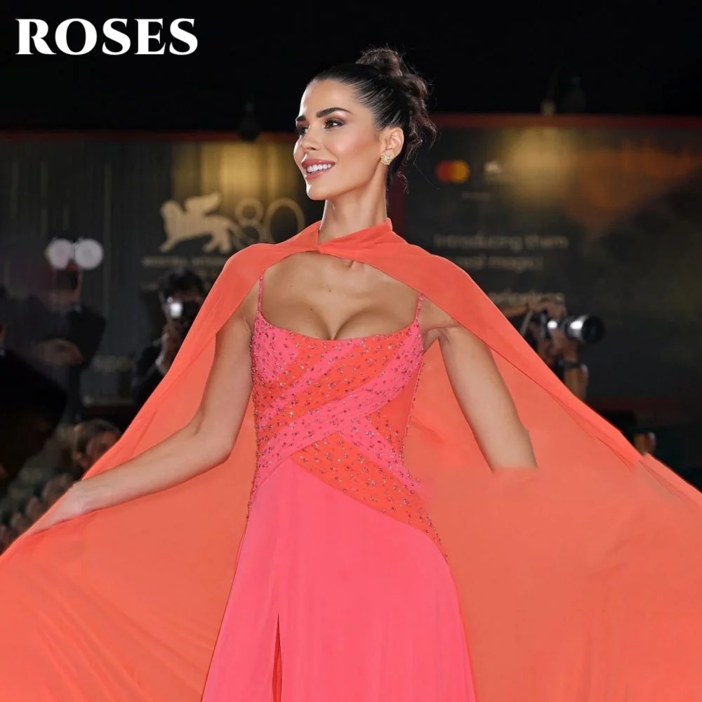 فستان حفلة موسيقية وردي وردي بحزام سباغيتي على شكل حرف a مع شال فساتين سهرة مع طيات بدون أكمام فستان رسمي للحفلات حسب الطلب #3