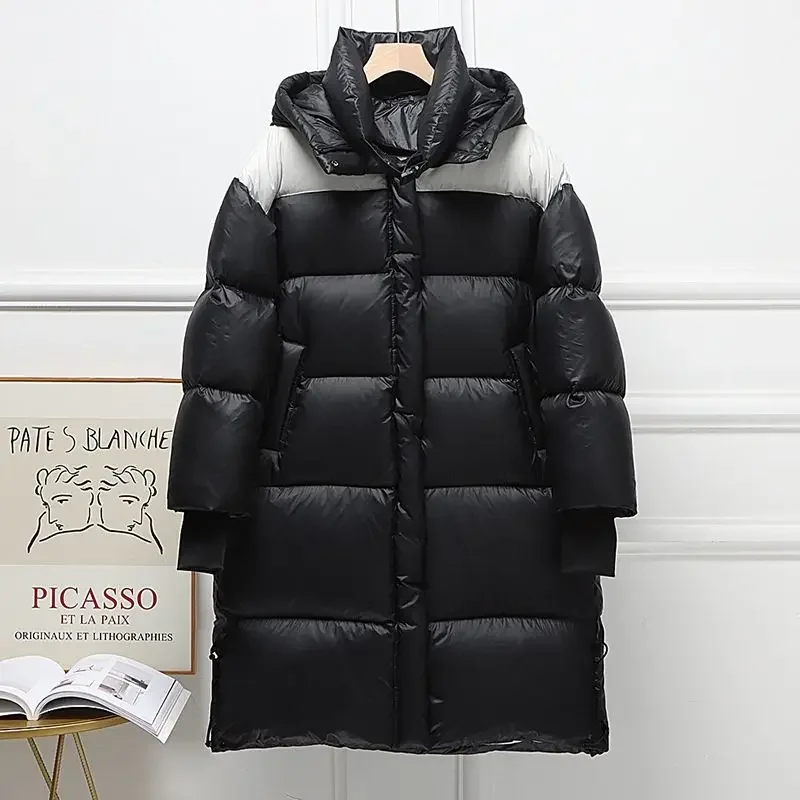 

Winter New Patchwork Color Contrast Fashion 90% White Women's Down Jacket Windproof Hood Thickened Warm Jacket