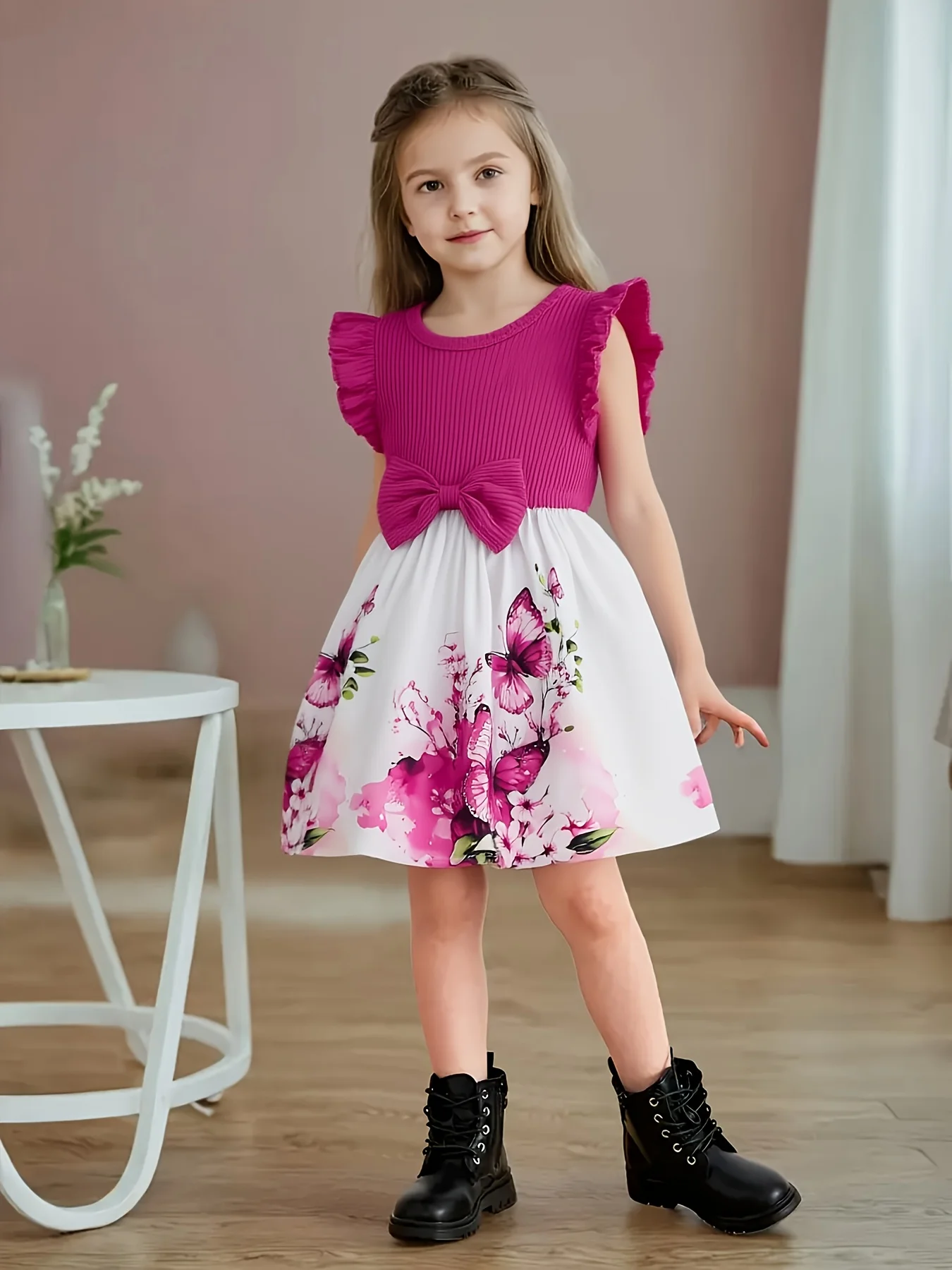 Girls' Pink Ruffle Dress: Bow Decor Butterfly Floral Party Outfit