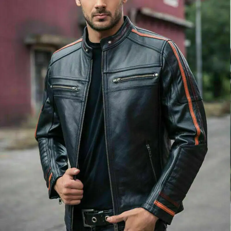 

Men Black Biker Lambskin Jacket Cafe Racer Retro Slim Fit Real Leather Coat Motorcycle Outwear