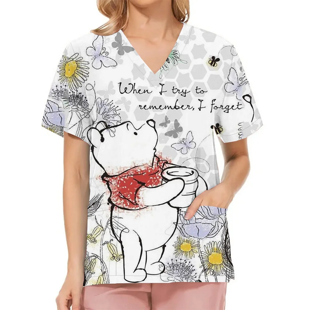 Winnie the pooh clínica hospital enfermeira workwear dentes impressão 3d camiseta feminina com decote em v bolso roupas médicas enfermagem trabalho superior