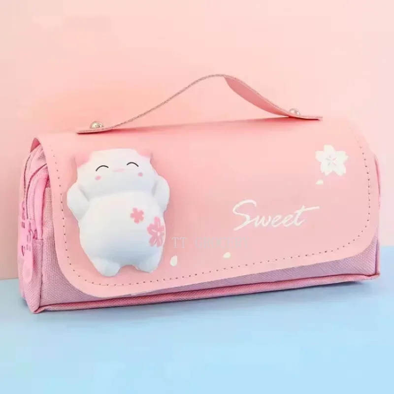 Imagem -06 - Cute Cat Decompression Pencil Case Grande Pencil Box Portable Girls Pen Bolsa Bolsa Escolar de Dupla Camada Papelaria Kawaii