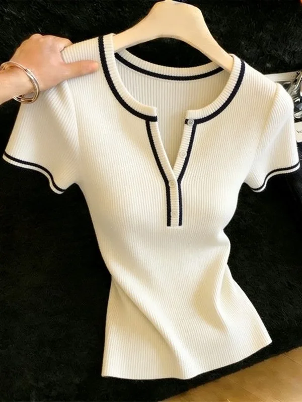 

Slim Fit Short Sleeve T-Shirt Women's Summer Thin Color Block Half Open Collar Top Breathable Knitted Korean Style Casual Wear