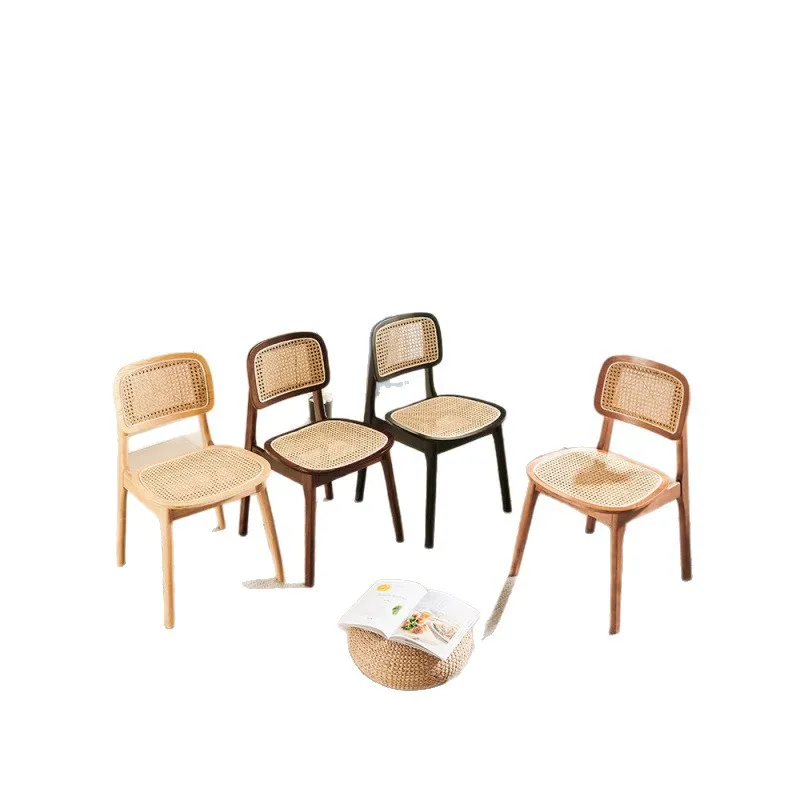 Dining chair log Nordic home solid wood stool rattanchair backrestchair rattanchair wabi sandy wind diningtable and chair de