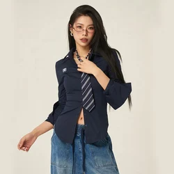 Korean with Tie White Shirt Women Y2K Fashion Slim Chic Long Sleeve Lapel Tops Lady Streetwear Jk Uniform Button Up Blouse