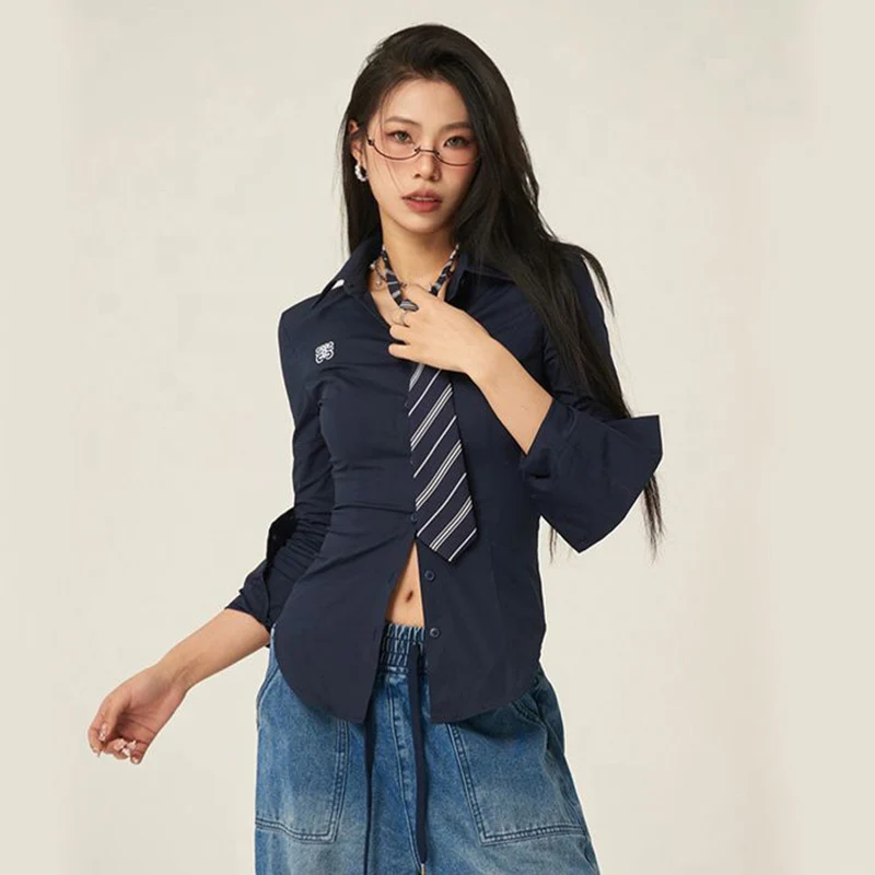 Korean with Tie White Shirt Women Y2K Fashion Slim Chic Long Sleeve Lapel Tops Lady Streetwear Jk Uniform Button Up Blouse