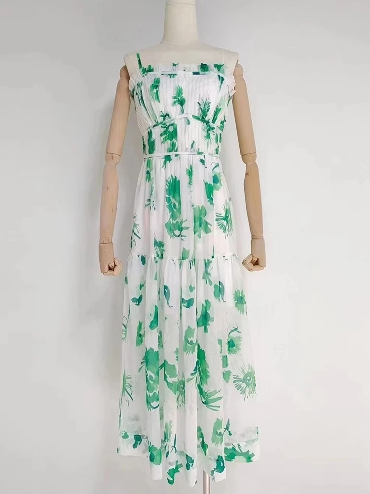 VGH Floral Printing A Line Long Dresses For Women Square Collar Sleeveless High Waist Folds Pullover Elegant Dress Female New