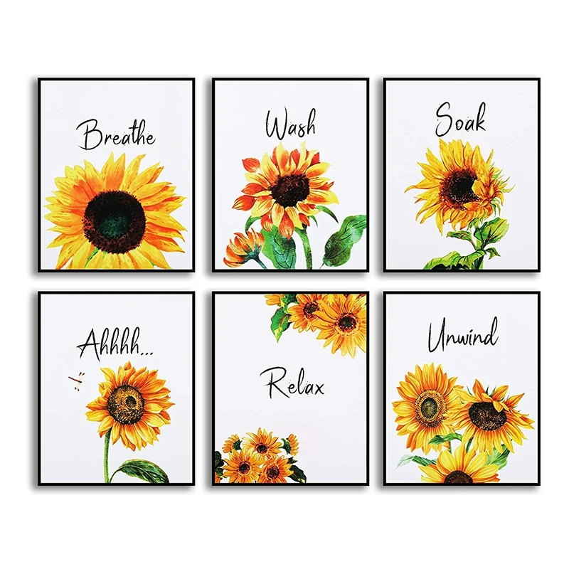 

6 Pieces Sunflower Bathroom Decor Relax Soak Unwind Wall Painting Art Women Girls College Living Room Bathroom Nursery