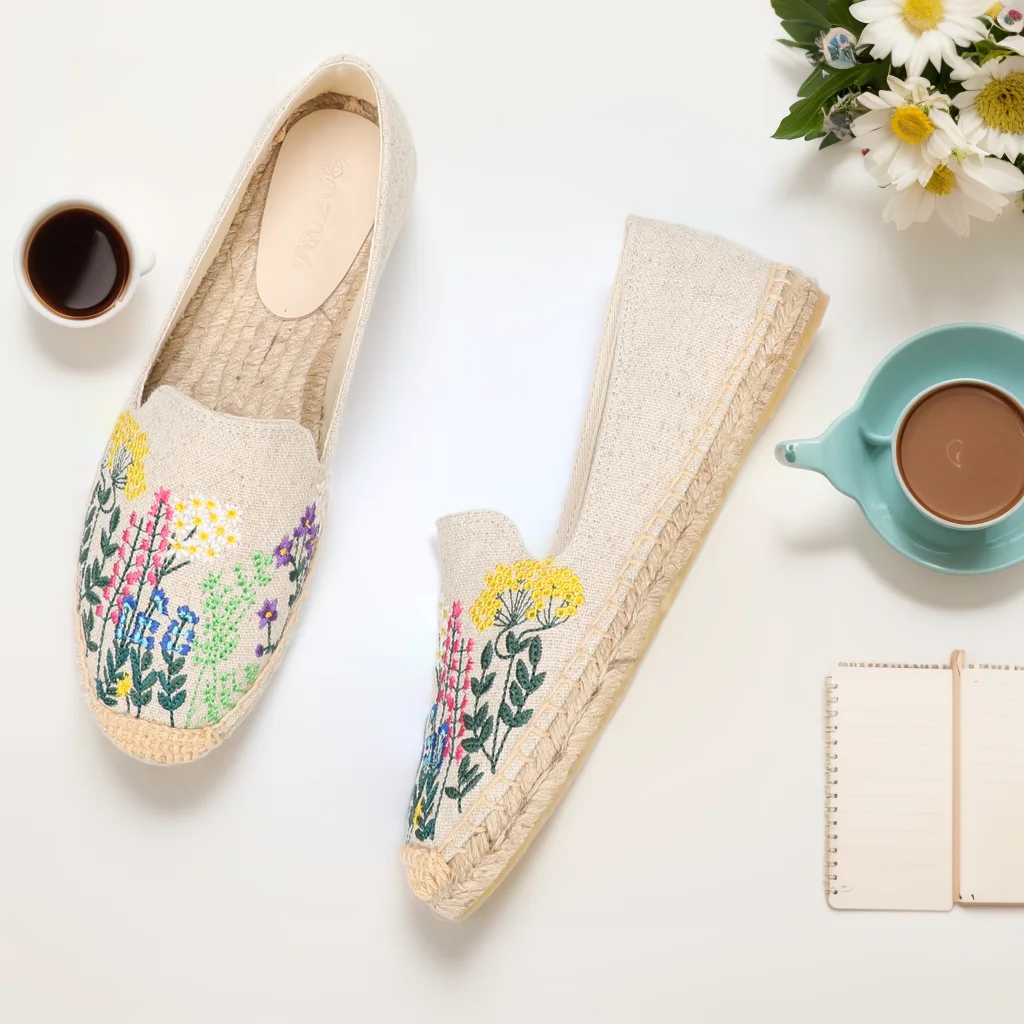 Espadrilles plates décontractées pour femmes, chaussures brodées en chanvre, plate-forme plate, Parker rond, confortables, printemps, automne