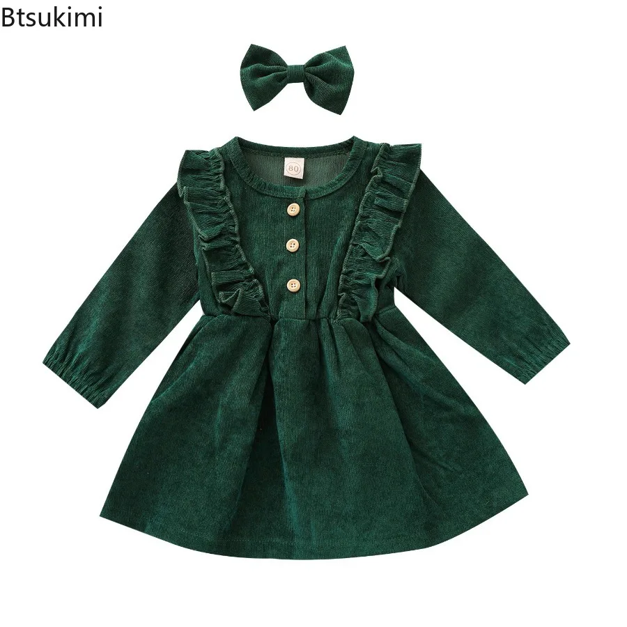 Autumn Baby Girl's Corduroy Dress High-Waist Midi Long Sleeve Round Collar Ruffle Buttons Princess Pleated Fall Dress Hair Clip