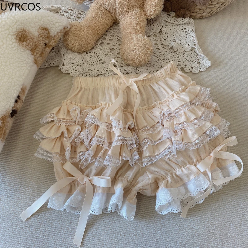 Sweet Lolita Shorts Women Kawaii Ruffles Lace Cotton Bottoming Jk Bloomers Elastic Waist Chic Underpants Maid Safety Short Pants