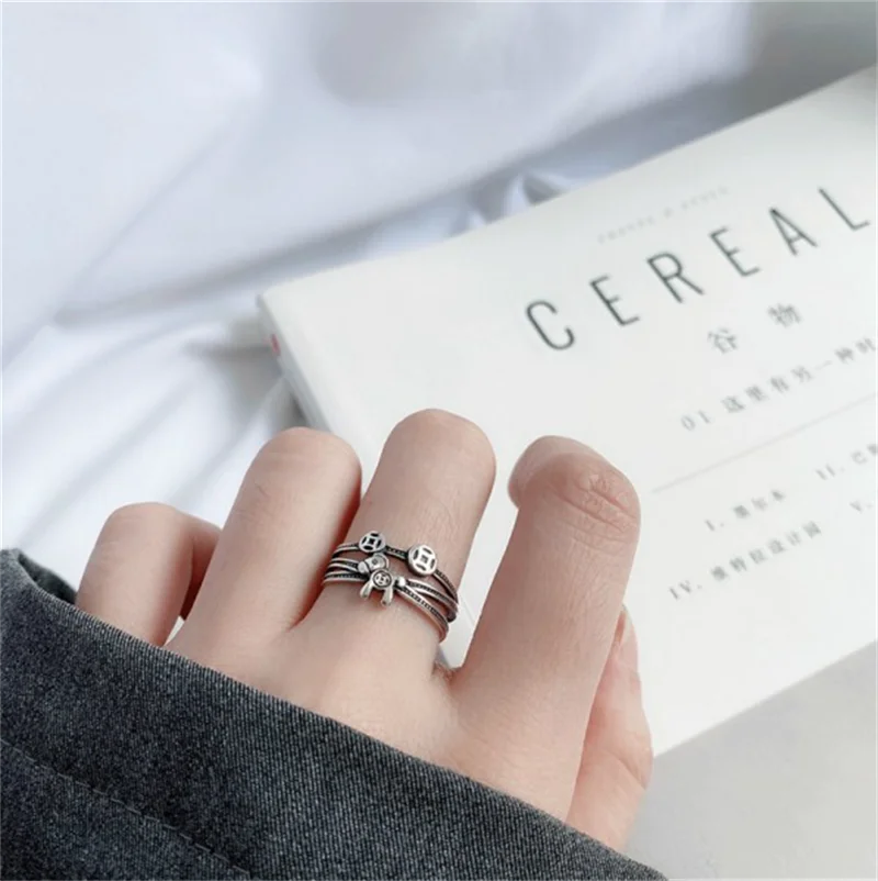 Korean Horse Coin Ring Cute Silver Color Cross Open Rings for Women Student Index Finger Fashion Adjustable Jewelry