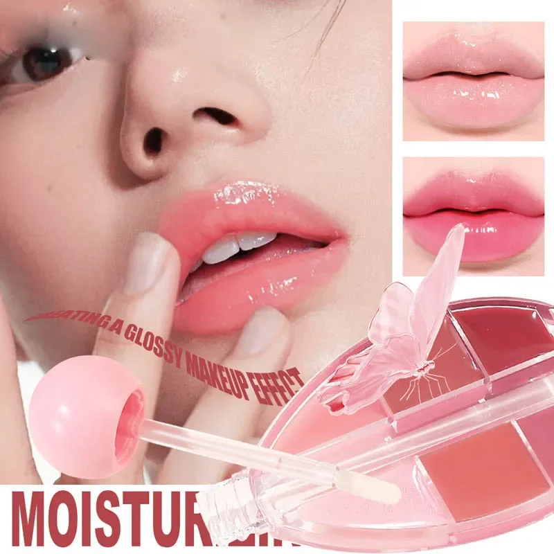 6-Farben-Kombination, Spiegel, Kristallgelee, Lipgloss, Make-up-Palette, feuchtigkeitsspendender Wasserglanz, Lippentönung mit Silikon-Lippenpinsel