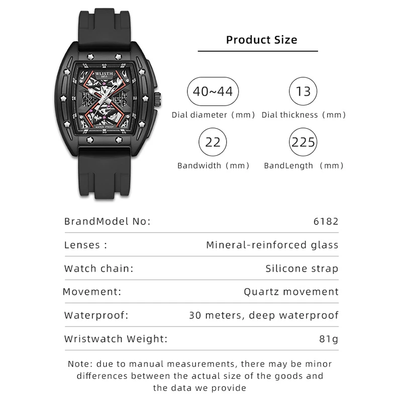 Men's Luxury Sports Watch – Black Rubber Strap, Skeleton Dial, Waterproof, Luminous Hands, Durable Design for Active Lifestyle