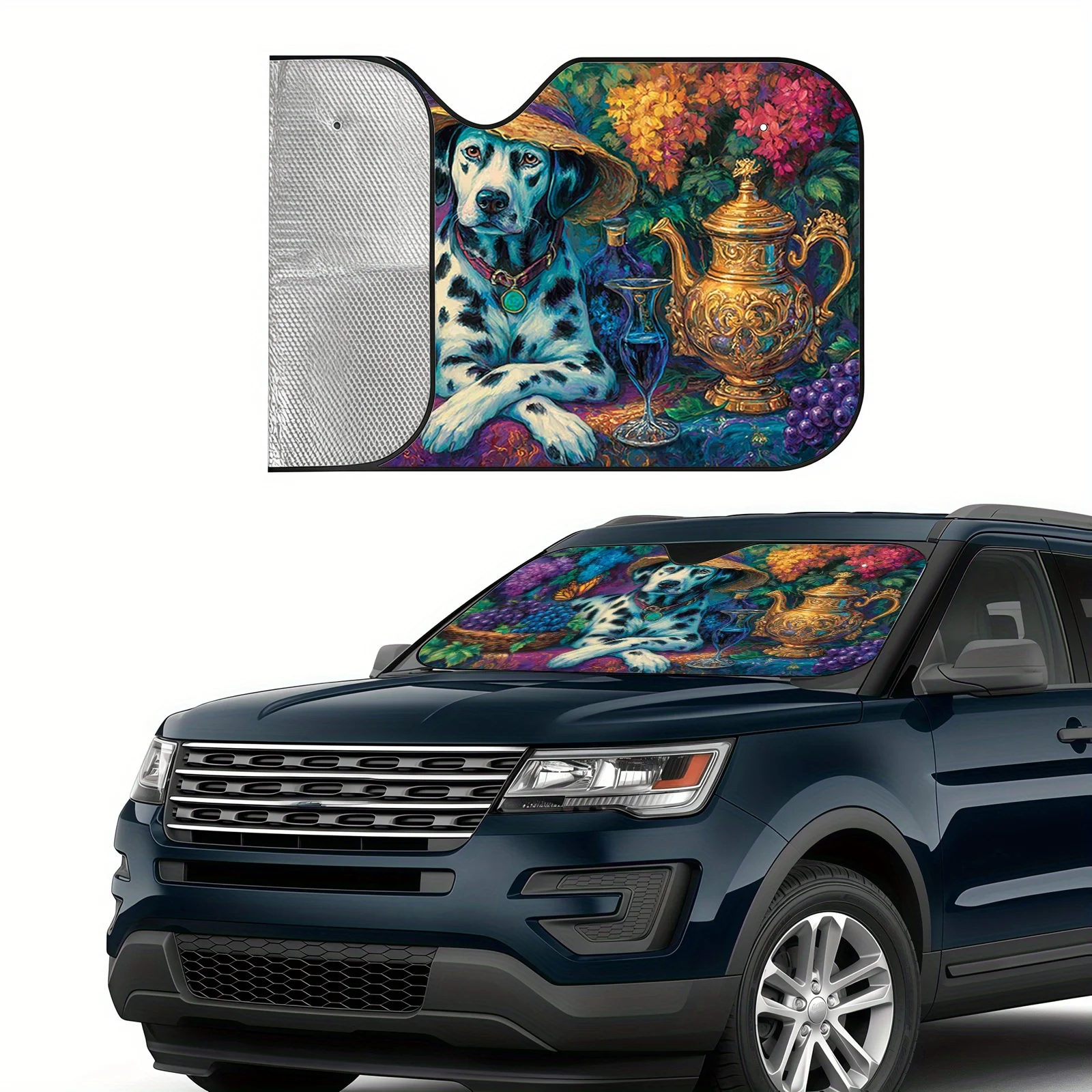 Art Dog Landscape Car Sunshade, Puppy With Straw Hat And Floral Butterfly Oil Painting Pattern, Insulated Sun Protection, Mainta