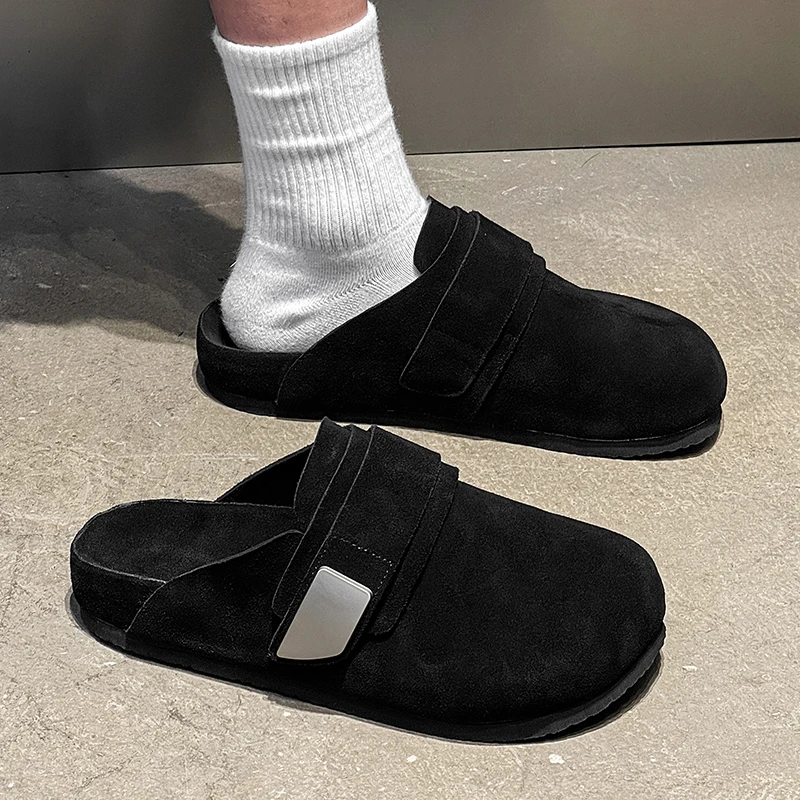 

Suede Leather Open Back Casual Shoes Mules Men Backless Loafers Slippers Half Shoes Slip On Semi Drag Flats Man Slides Sandals