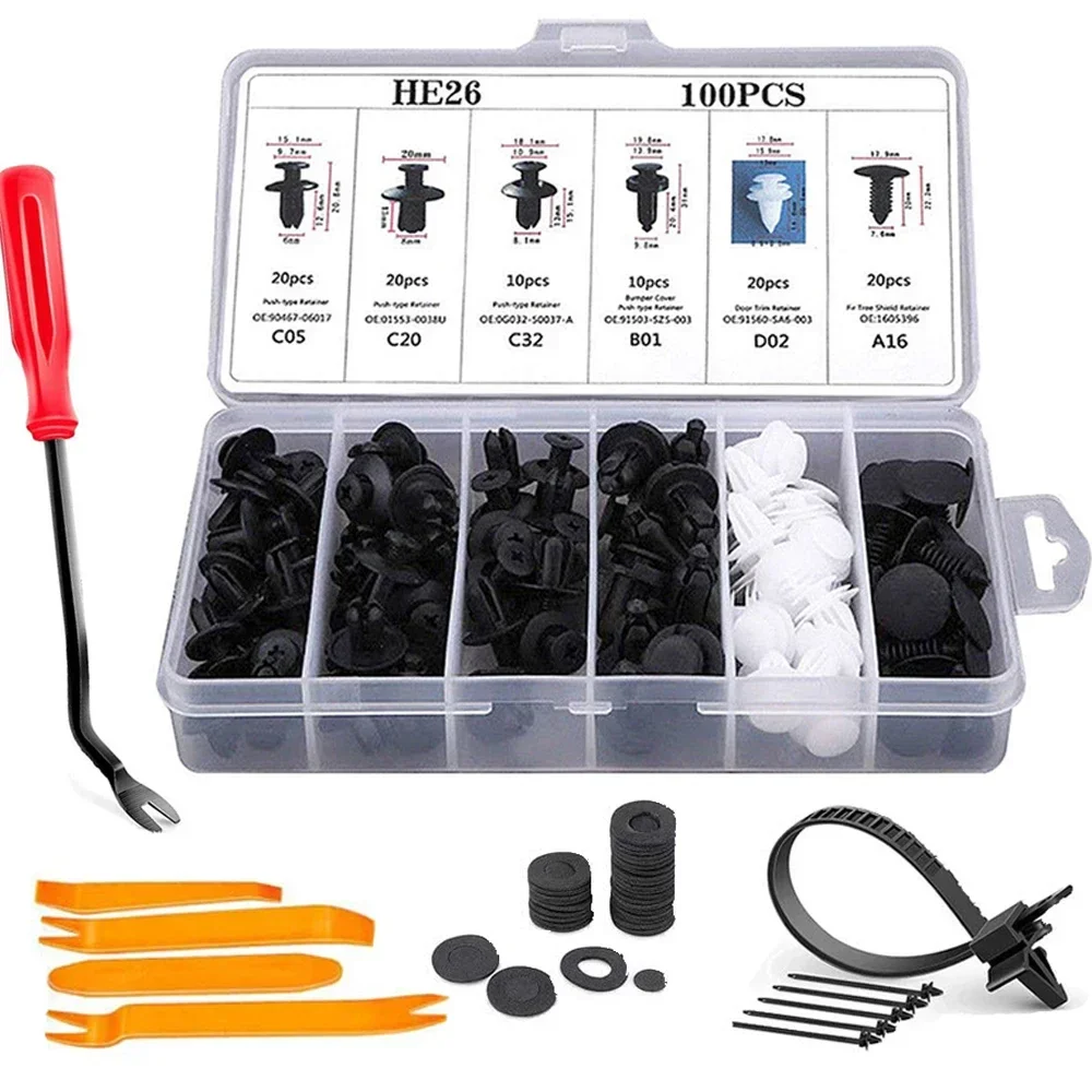 100 Stück Auto-Clip, 6 Größen, Auto-Innenraum, Kunststoff-Stoßstangen-Clips, Nieten, Befestigungselemente, Push-Typ-Pin-Halterung, Zier-Set mit Verschluss-Entferner