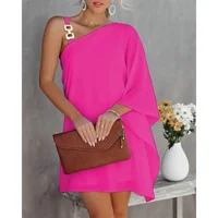 Vestido de verano de talla S-2XL para mujer, una línea, cuello Diagonal, hombros descubiertos, Color sólido, estampado, correa de metal, manga de murciélago