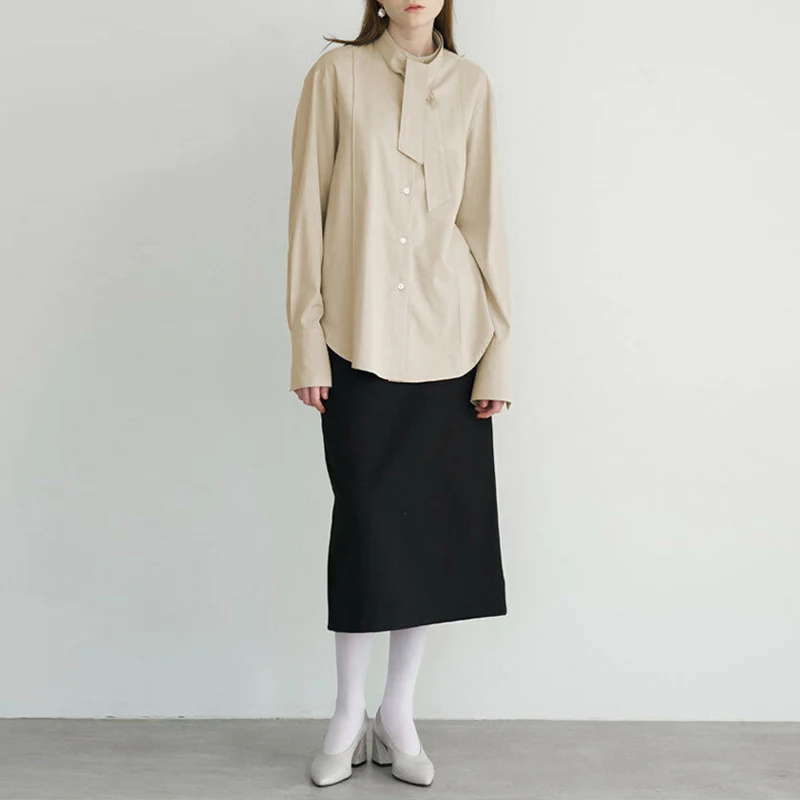 100% 코튼 시크 활 타이 여성 셔츠, 용수철 및 가을 디자인 스타일, 루즈한 스트레이트 숄더, 긴팔 사무실 여성 셔츠